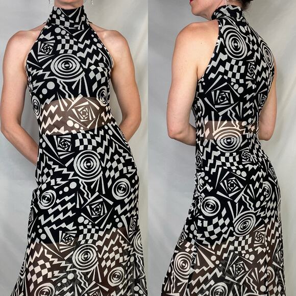 Cache geometric mesh maxi dress sheer Tadashi vintage 90s prom formal cocktail S - Picture 13 of 15